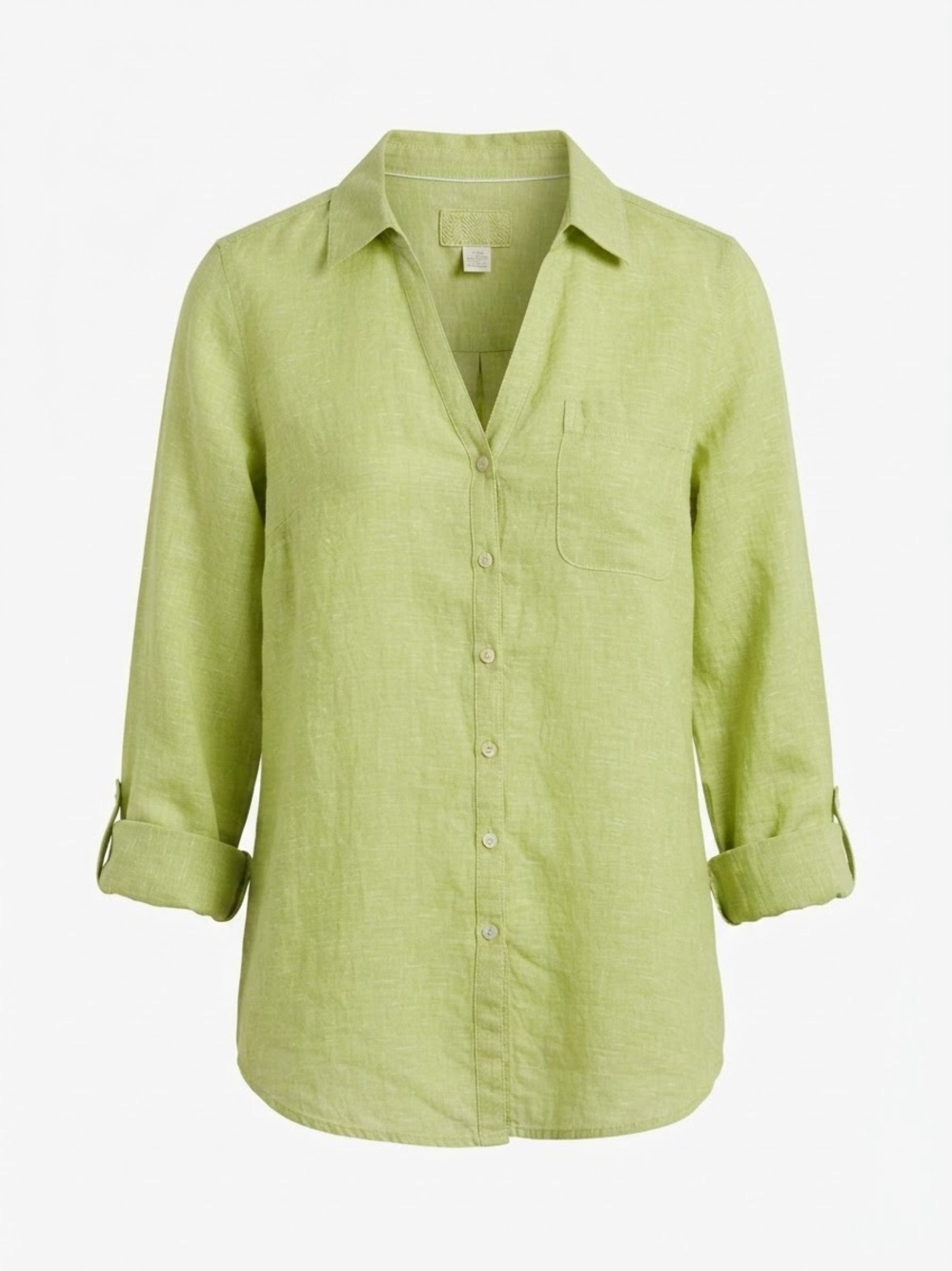 Sigrid Olsen 100% Linen Button Down Shirt XL Lime Green Roll Tab Coastal Tunic